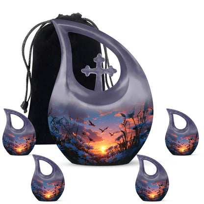 Bright Blue Daisy Cremation Urn urn with complimentary velvet bag - devotional cross-drop daisy engraving - memorial set with one large and four small urns