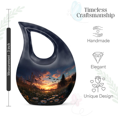 Serene Blue Daisy Cremation Urn back view with polished surface - faith-inspired cross-drop urn with daisy pattern - mini keepsake memorial for portion of cremation ashes