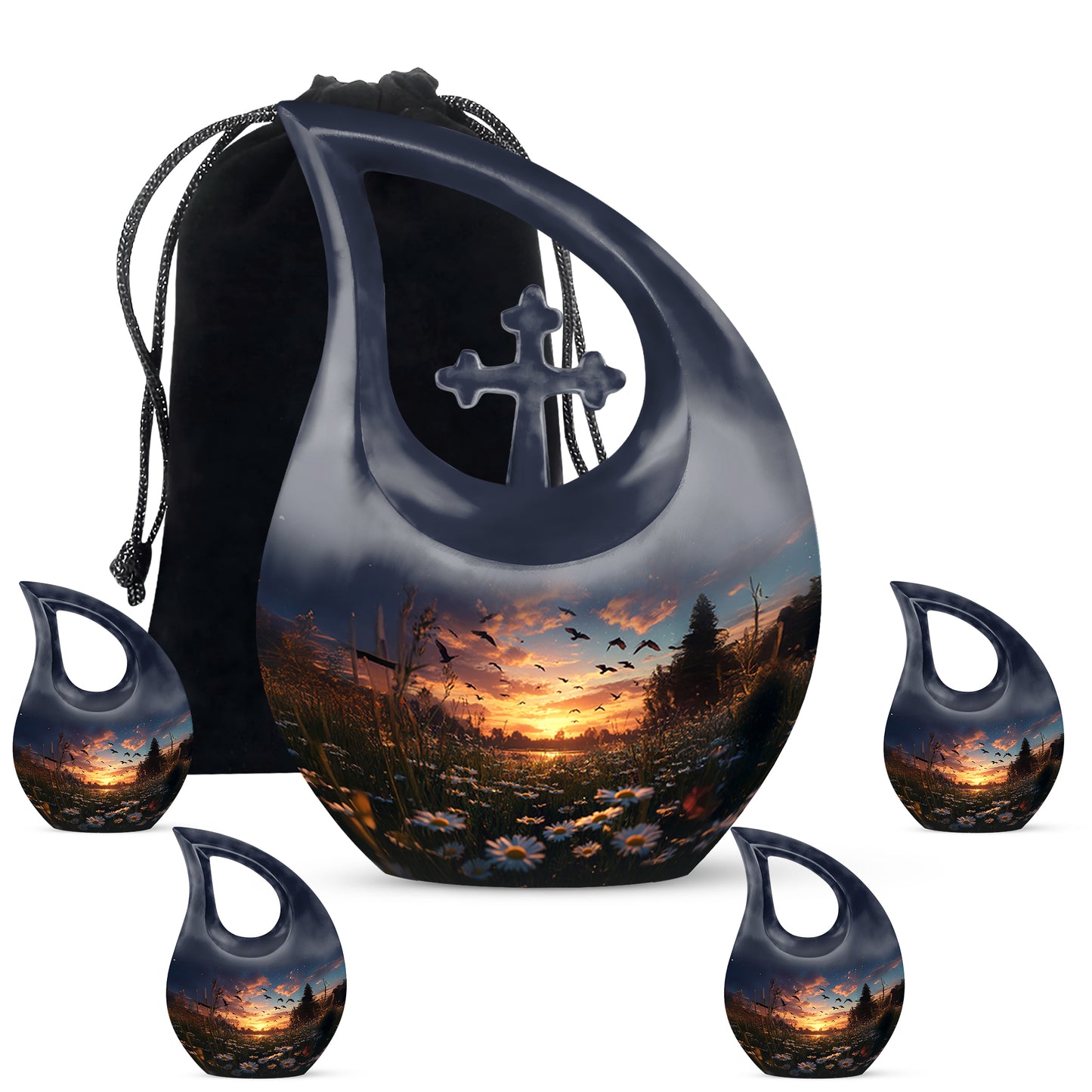 Royal Blue Daisy Cremation Urn urn with complimentary velvet bag - devotional cross-drop daisy engraving - memorial set with one large and four small urns