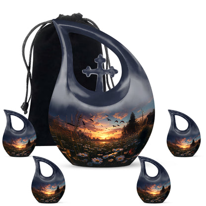 Royal Blue Daisy Cremation Urn urn with complimentary velvet bag - devotional cross-drop daisy engraving - memorial set with one large and four small urns