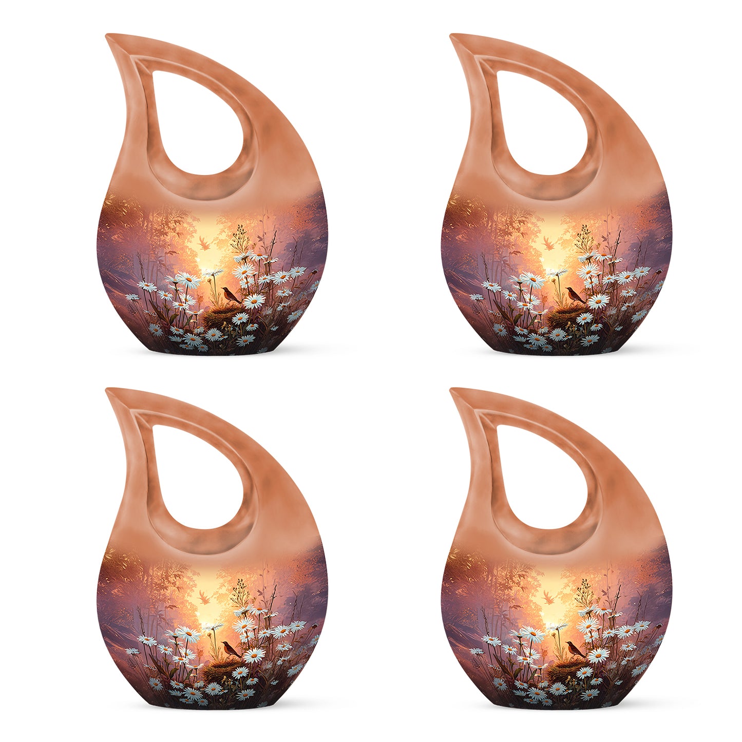 Champagne Gold Daisy Cremation Urn lifestyle display on memorial shelf - sacred cross merged with daisy motif on metal - 10 inch aluminum urn for cremated remains