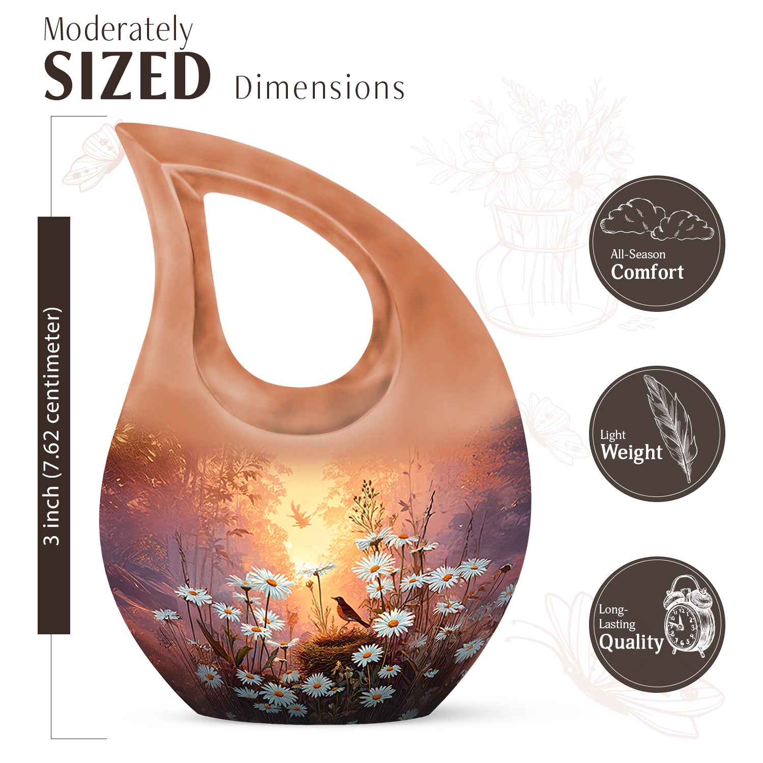 Harvest Gold Daisy Cremation Urn back view with polished surface - faith-inspired cross-drop urn with daisy pattern - mini keepsake memorial for portion of cremation ashes