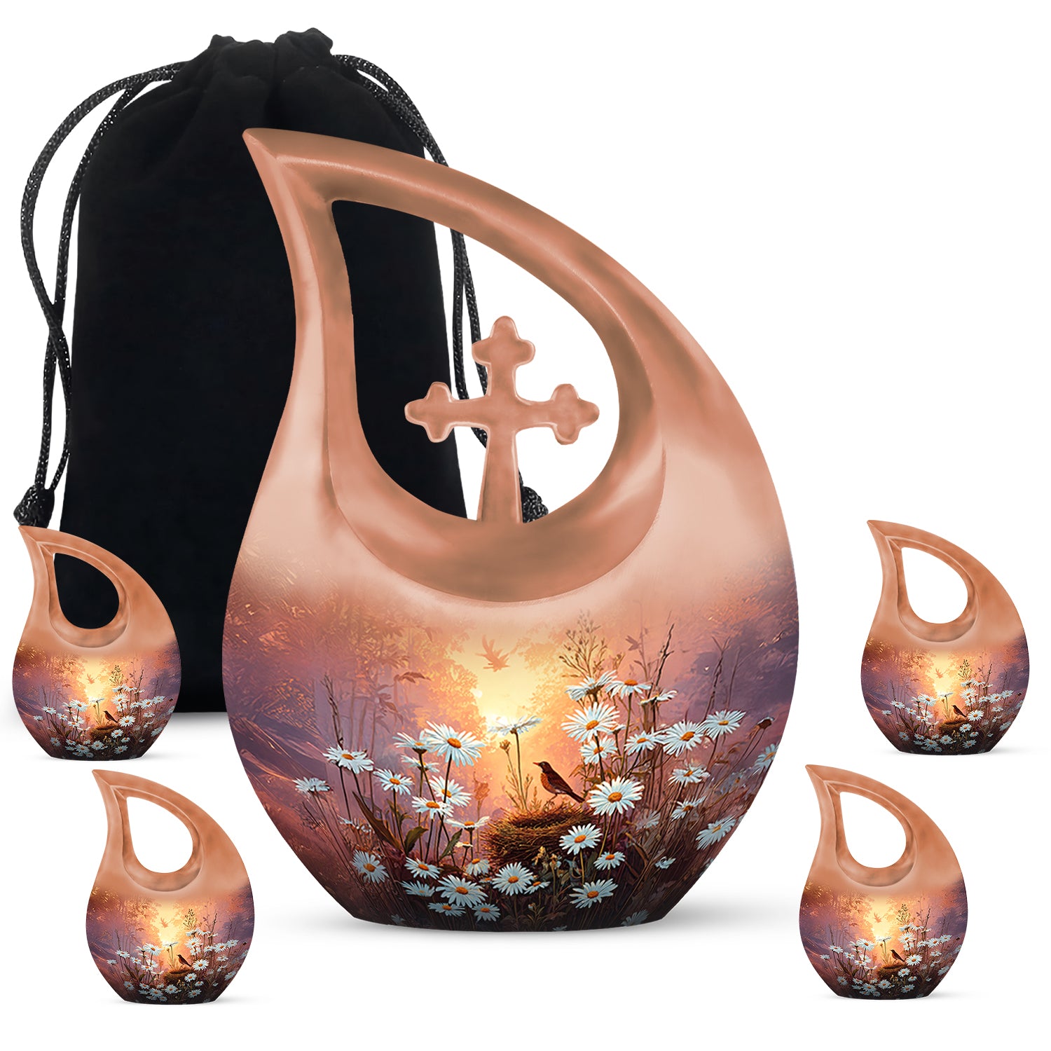 Sunrise Gold Daisy Cremation Urn urn with complimentary velvet bag - cross and daisy combined in spiritual memorial design - memorial set with one large and four small urns