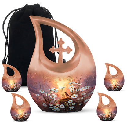 Sunrise Gold Daisy Cremation Urn urn with complimentary velvet bag - cross and daisy combined in spiritual memorial design - memorial set with one large and four small urns