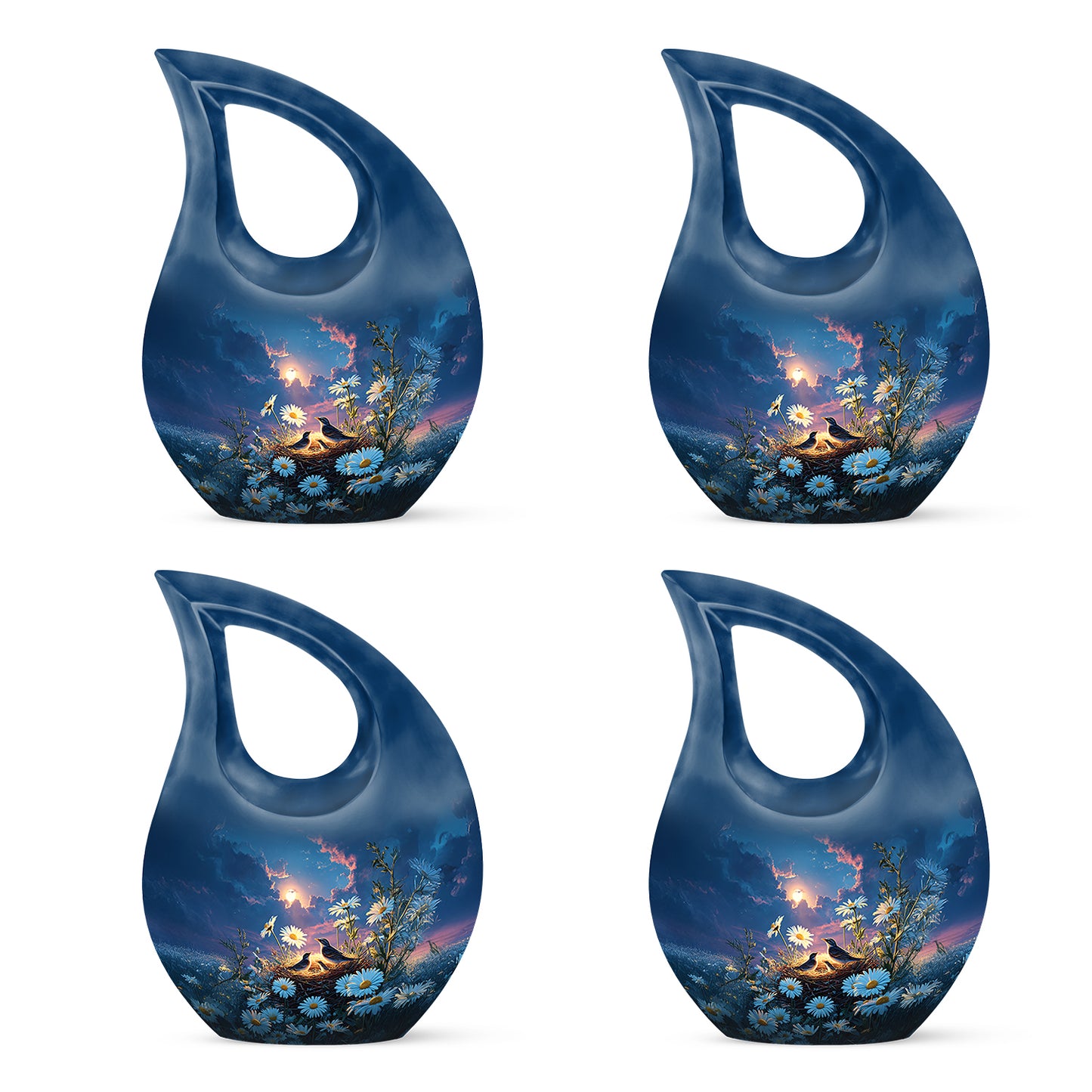 Vivid Blue Daisy Cremation Urn lifestyle display on memorial shelf - devotional cross-drop daisy engraving - 10 inch aluminum urn for cremated remains