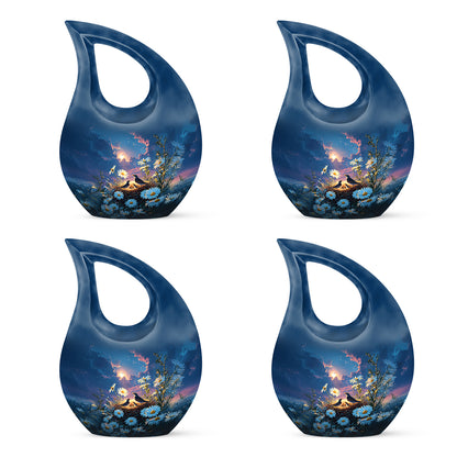 Vivid Blue Daisy Cremation Urn lifestyle display on memorial shelf - devotional cross-drop daisy engraving - 10 inch aluminum urn for cremated remains