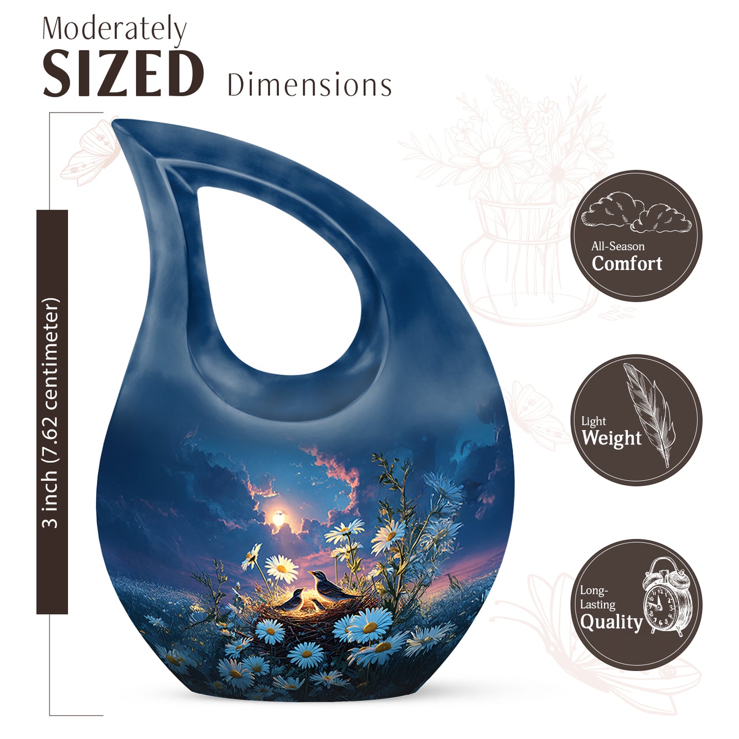 Slate Blue Daisy Cremation Urn back view with polished surface - cross and daisy combined in spiritual memorial design - mini keepsake memorial for portion of cremation ashes