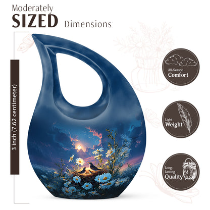 Slate Blue Daisy Cremation Urn back view with polished surface - cross and daisy combined in spiritual memorial design - mini keepsake memorial for portion of cremation ashes