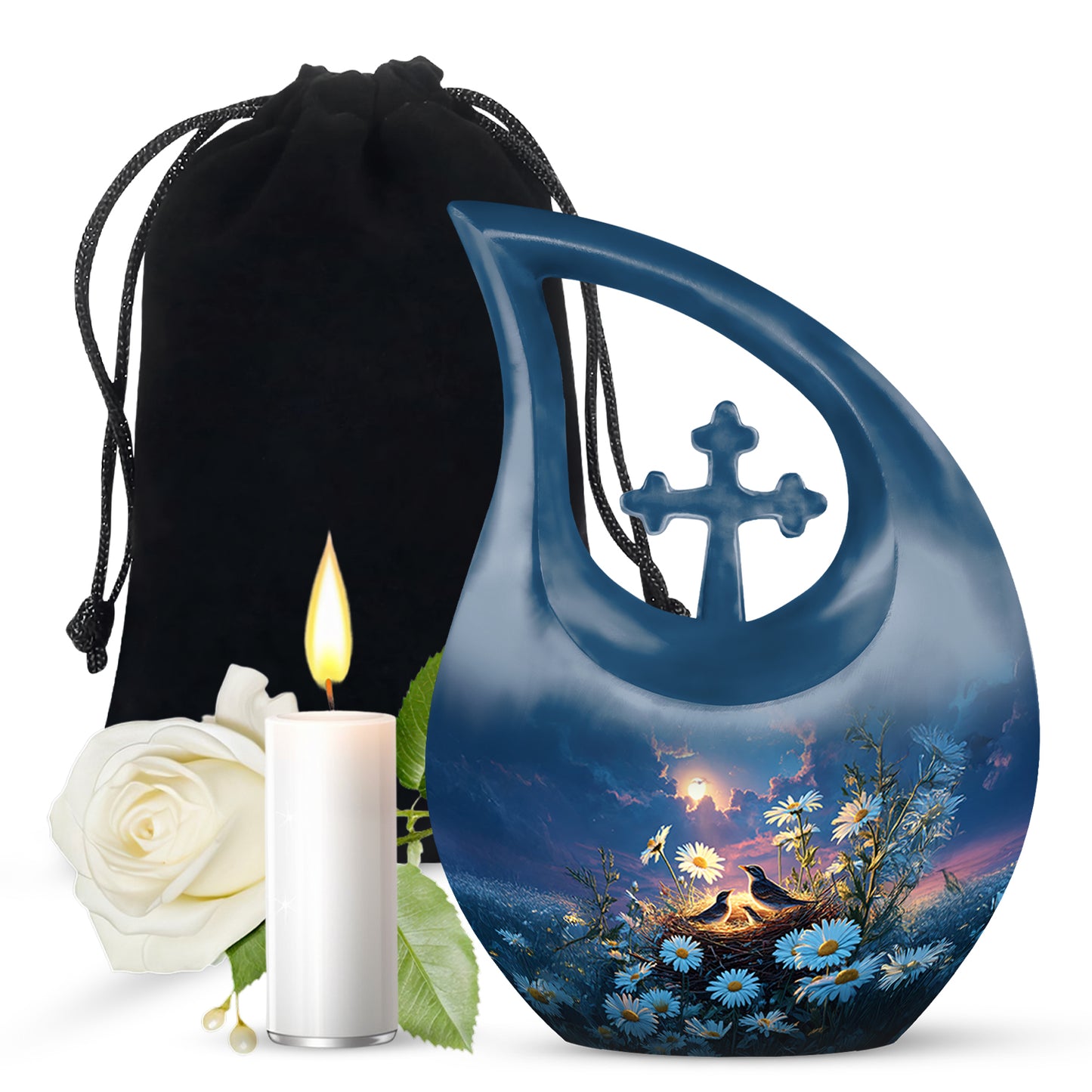 Cobalt Blue Daisy Cremation Urn top-down view of secure threaded lid - devotional cross-drop daisy engraving - full-size 10 inch 200 cubic inch adult cremation urn