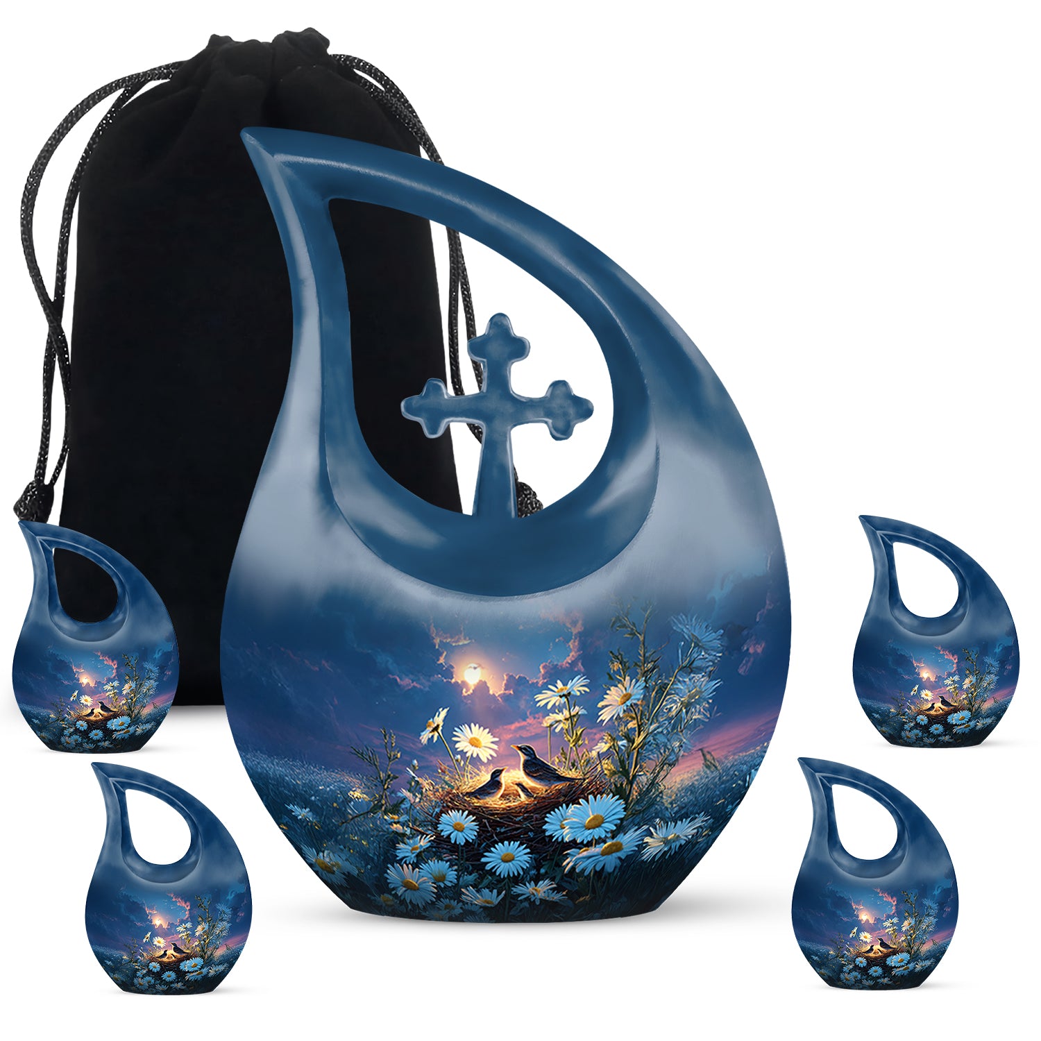 Icy Blue Daisy Cremation Urn urn with complimentary velvet bag - cross and daisy combined in spiritual memorial design - memorial set with one large and four small urns