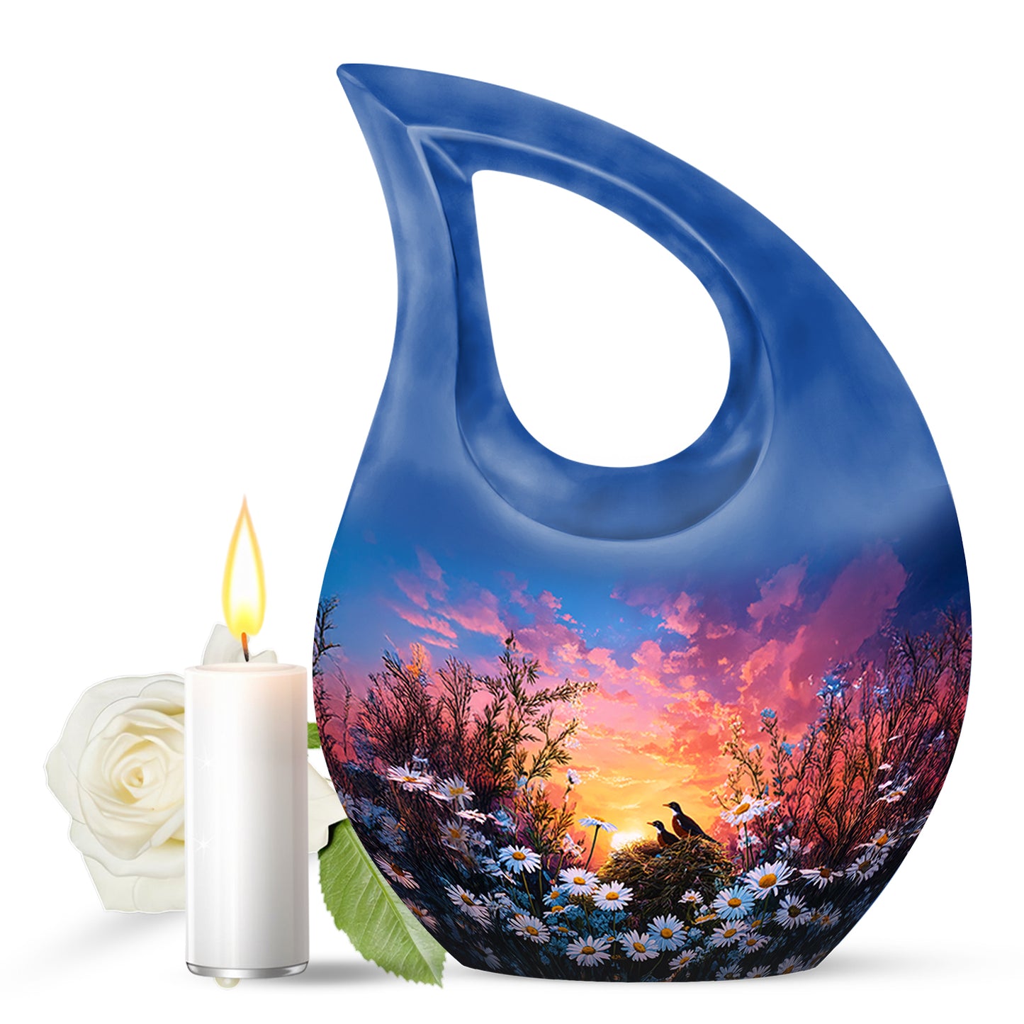 Divine Blue Daisy Cremation Urn for Ashes - 10-inch, 200 cu in - Yatskia