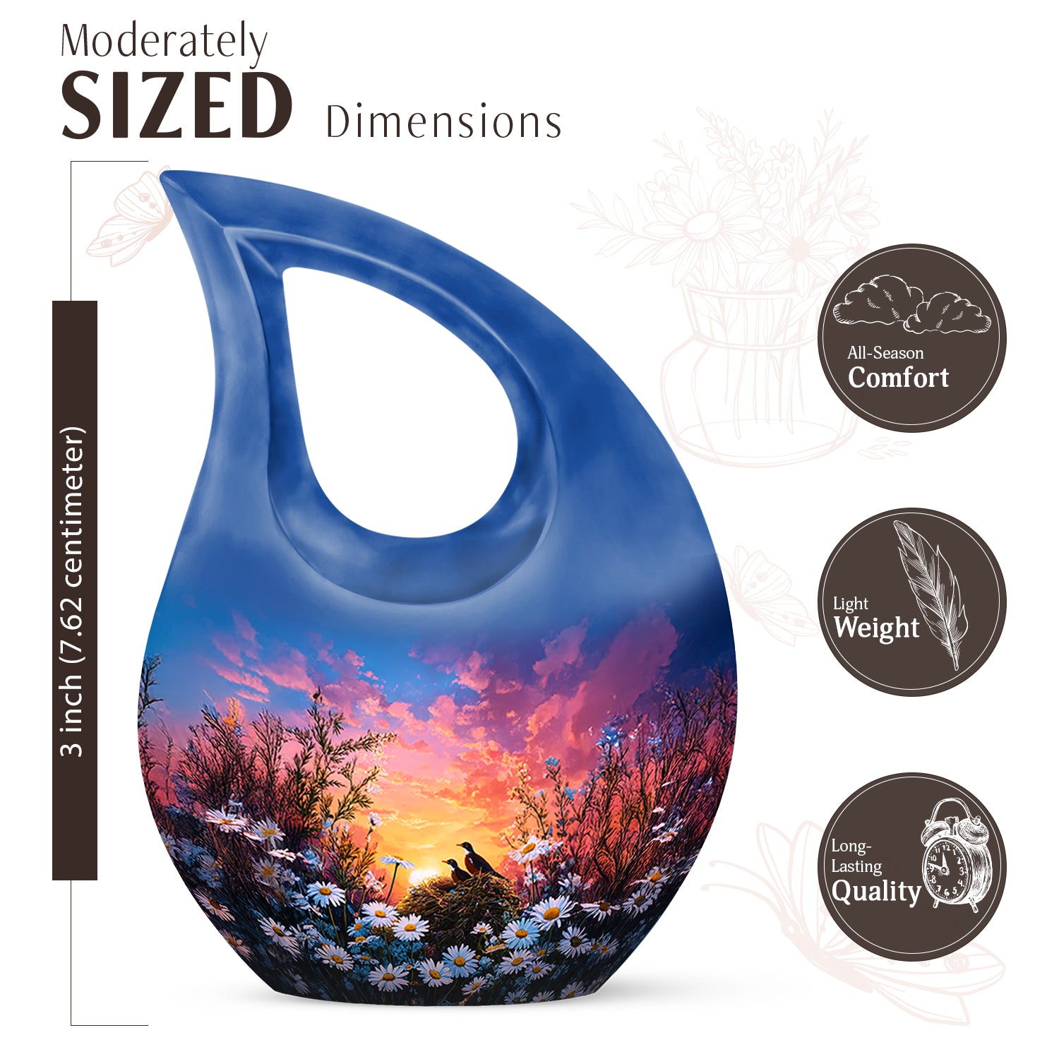 Navy Blue Daisy Cremation Urn back view with polished surface - cross and daisy combined in spiritual memorial design - mini keepsake memorial for portion of cremation ashes