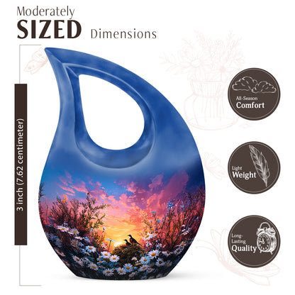 Navy Blue Daisy Cremation Urn back view with polished surface - cross and daisy combined in spiritual memorial design - mini keepsake memorial for portion of cremation ashes