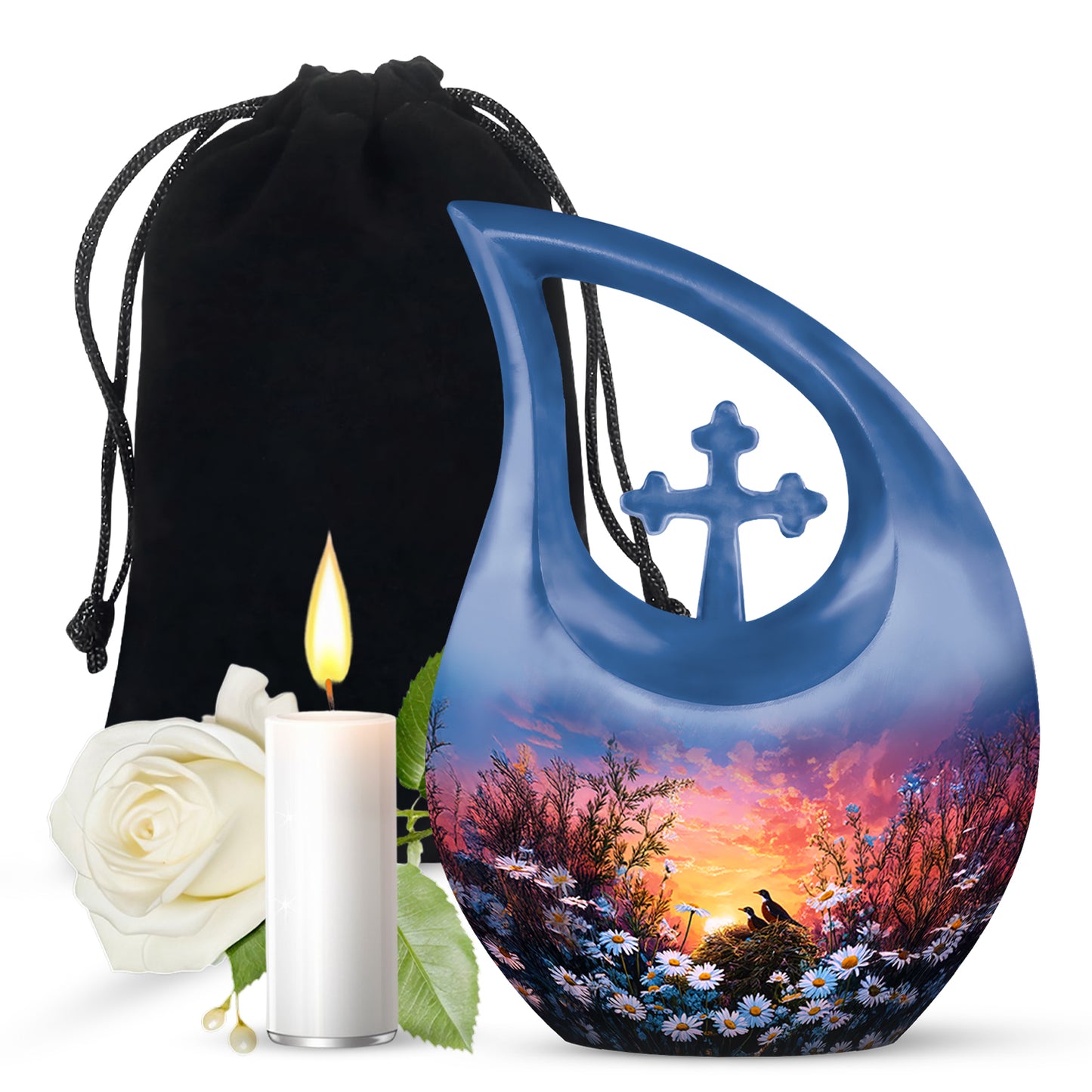 Azure Daisy Cremation Urn top-down view of secure threaded lid - sacred cross merged with daisy motif on metal - full-size 10 inch 200 cubic inch adult cremation urn
