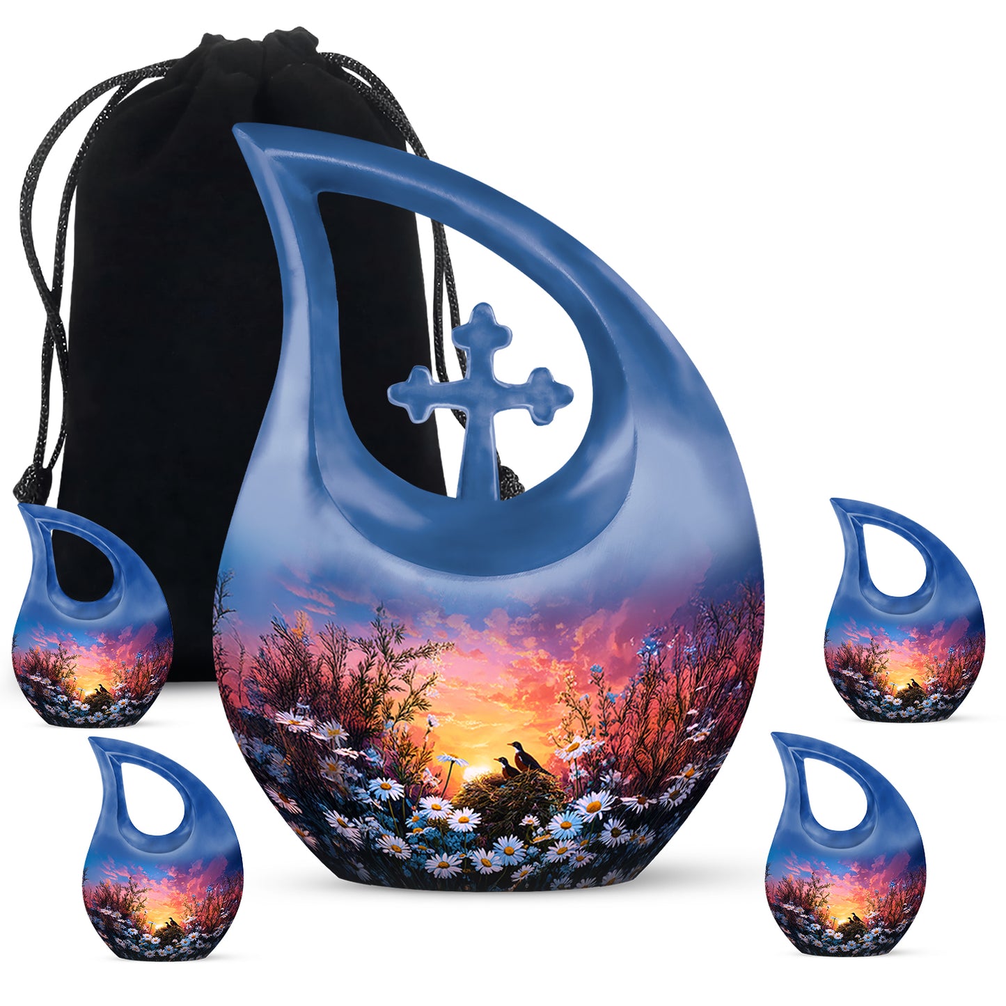 Misty Blue Daisy Cremation Urn urn with complimentary velvet bag - sacred cross merged with daisy motif on metal - memorial set with one large and four small urns