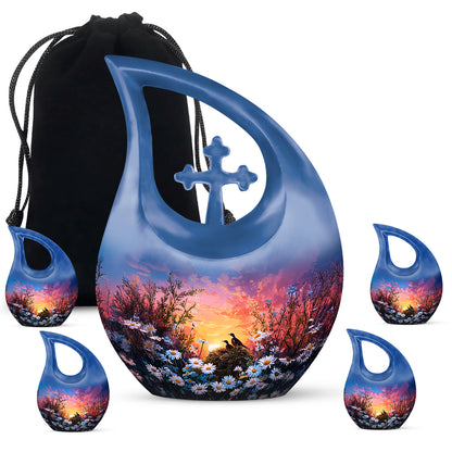 Misty Blue Daisy Cremation Urn urn with complimentary velvet bag - sacred cross merged with daisy motif on metal - memorial set with one large and four small urns