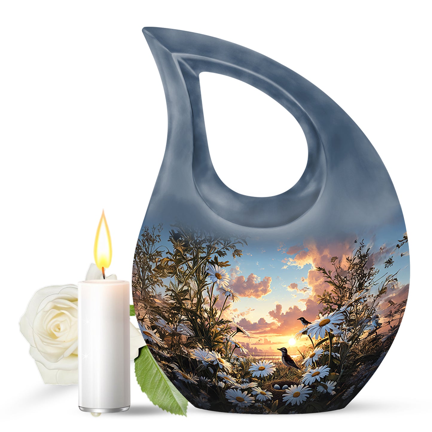 Blue Daisy Commemoration Cremation Urns for Human Ashes - 10-inch, 200 cu in - Yatskia