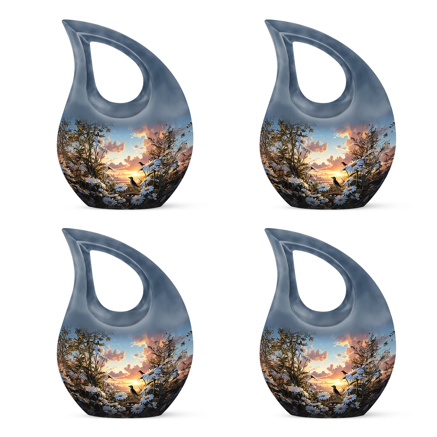 Misty Blue Daisy Cremation Urn lifestyle display on memorial shelf - cross and daisy combined in spiritual memorial design - 10 inch aluminum urn for cremated remains