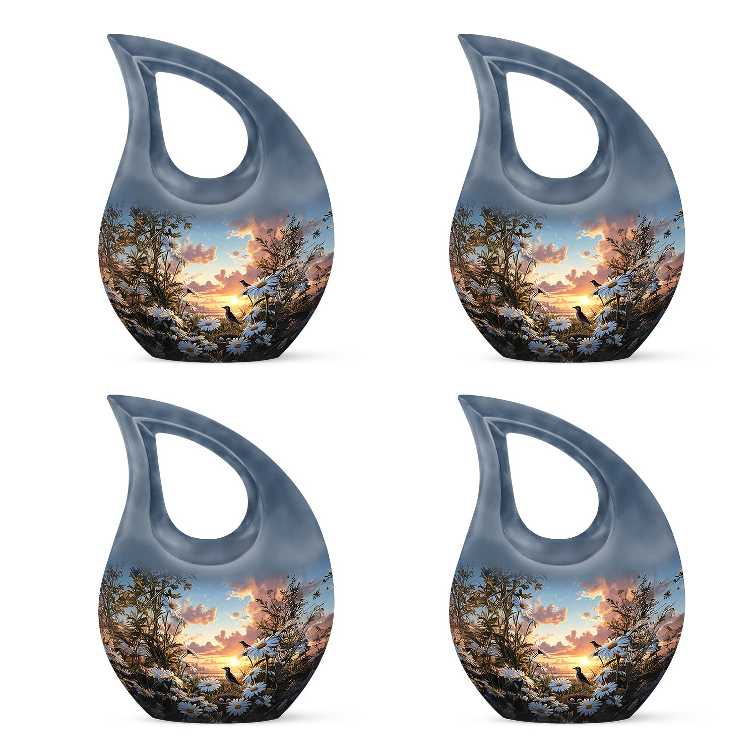 Misty Blue Daisy Cremation Urn lifestyle display on memorial shelf - cross and daisy combined in spiritual memorial design - 10 inch aluminum urn for cremated remains