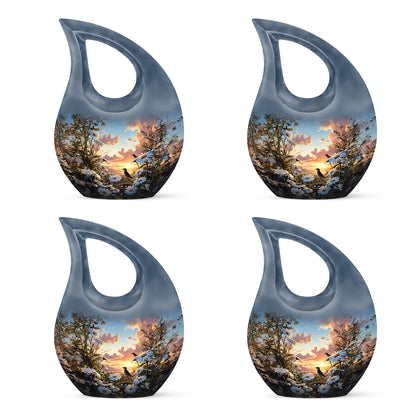 Misty Blue Daisy Cremation Urn lifestyle display on memorial shelf - cross and daisy combined in spiritual memorial design - 10 inch aluminum urn for cremated remains
