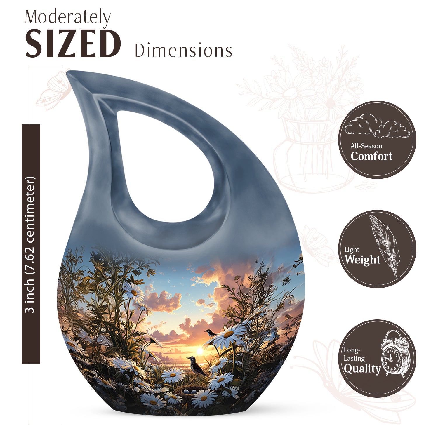 Royal Blue Daisy Cremation Urn back view with polished surface - devotional cross-drop daisy engraving - mini keepsake memorial for portion of cremation ashes