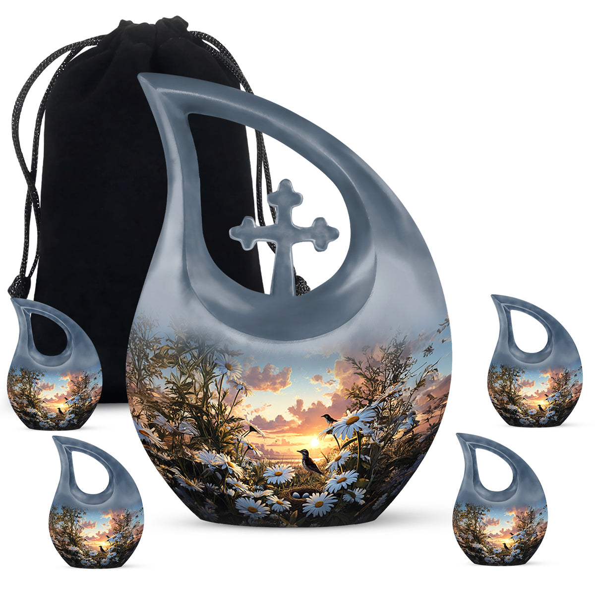 Steel Blue Daisy Cremation Urn urn with complimentary velvet bag - devotional cross-drop daisy engraving - memorial set with one large and four small urns