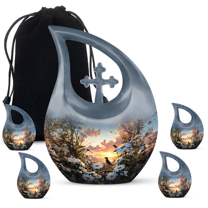 Steel Blue Daisy Cremation Urn urn with complimentary velvet bag - devotional cross-drop daisy engraving - memorial set with one large and four small urns