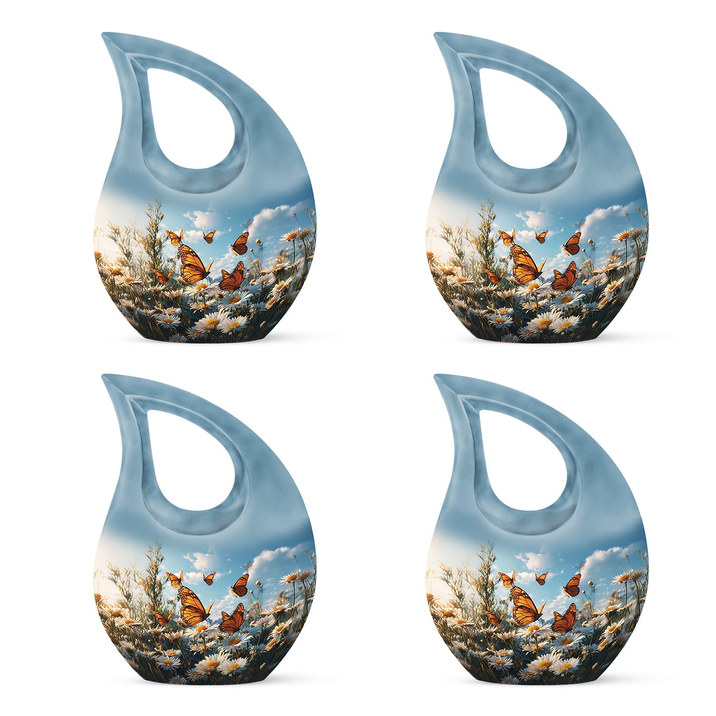 Slate Blue Daisy Cremation Urn lifestyle display on memorial shelf - sacred cross merged with daisy motif on metal - 10 inch aluminum urn for cremated remains
