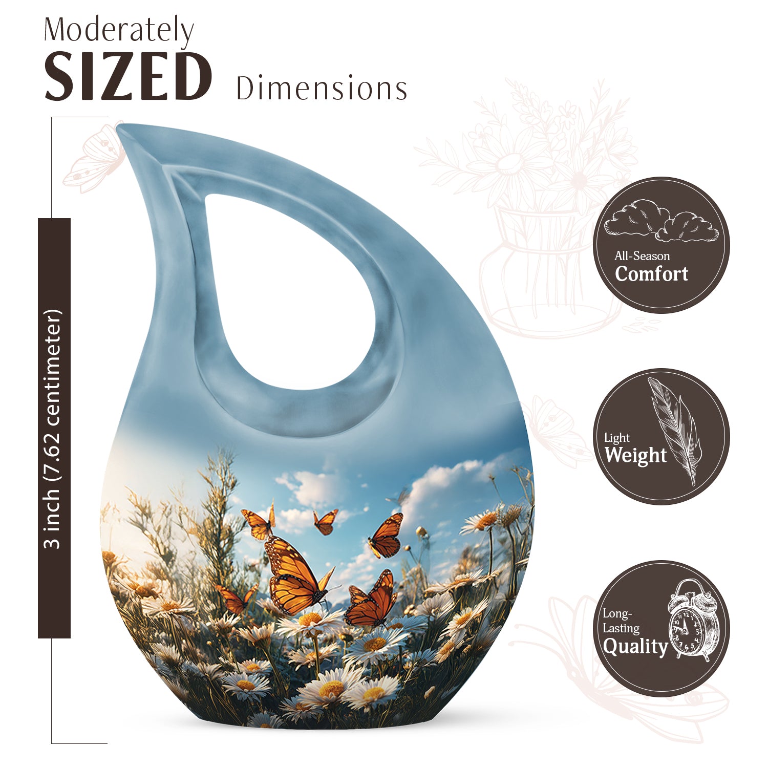 Bright Blue Daisy Cremation Urn back view with polished surface - devotional cross-drop daisy engraving - mini keepsake memorial for portion of cremation ashes