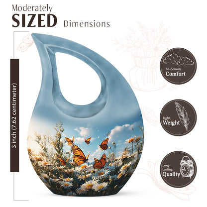 Bright Blue Daisy Cremation Urn back view with polished surface - devotional cross-drop daisy engraving - mini keepsake memorial for portion of cremation ashes