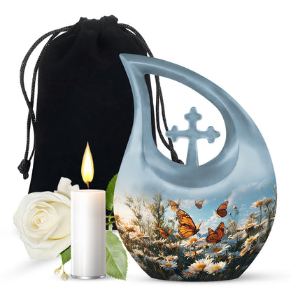 Dusty Blue Daisy Cremation Urn top-down view of secure threaded lid - cross and daisy combined in spiritual memorial design - full-size 10 inch 200 cubic inch adult cremation urn