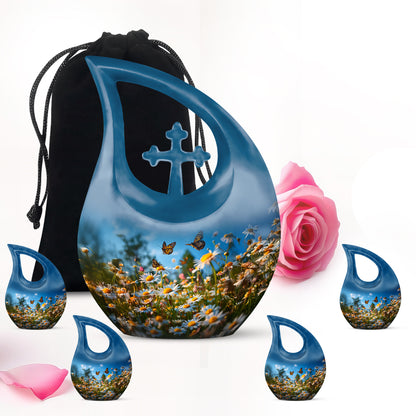 Azure Daisy Cremation Urn urn with complimentary velvet bag - cross and daisy combined in spiritual memorial design - memorial set with one large and four small urns