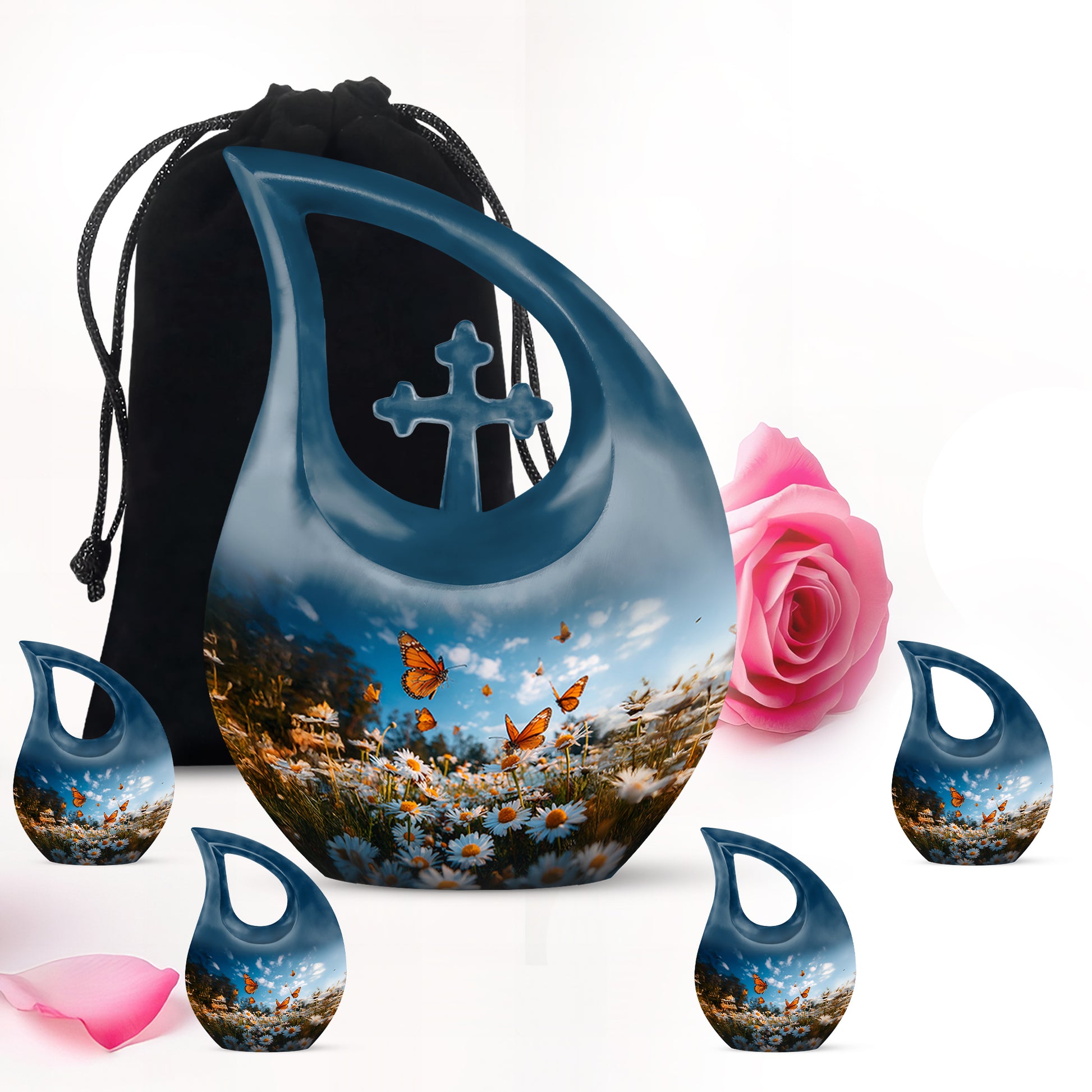 Navy Blue Daisy Cremation Urn urn with complimentary velvet bag - sacred cross merged with daisy motif on metal - memorial set with one large and four small urns