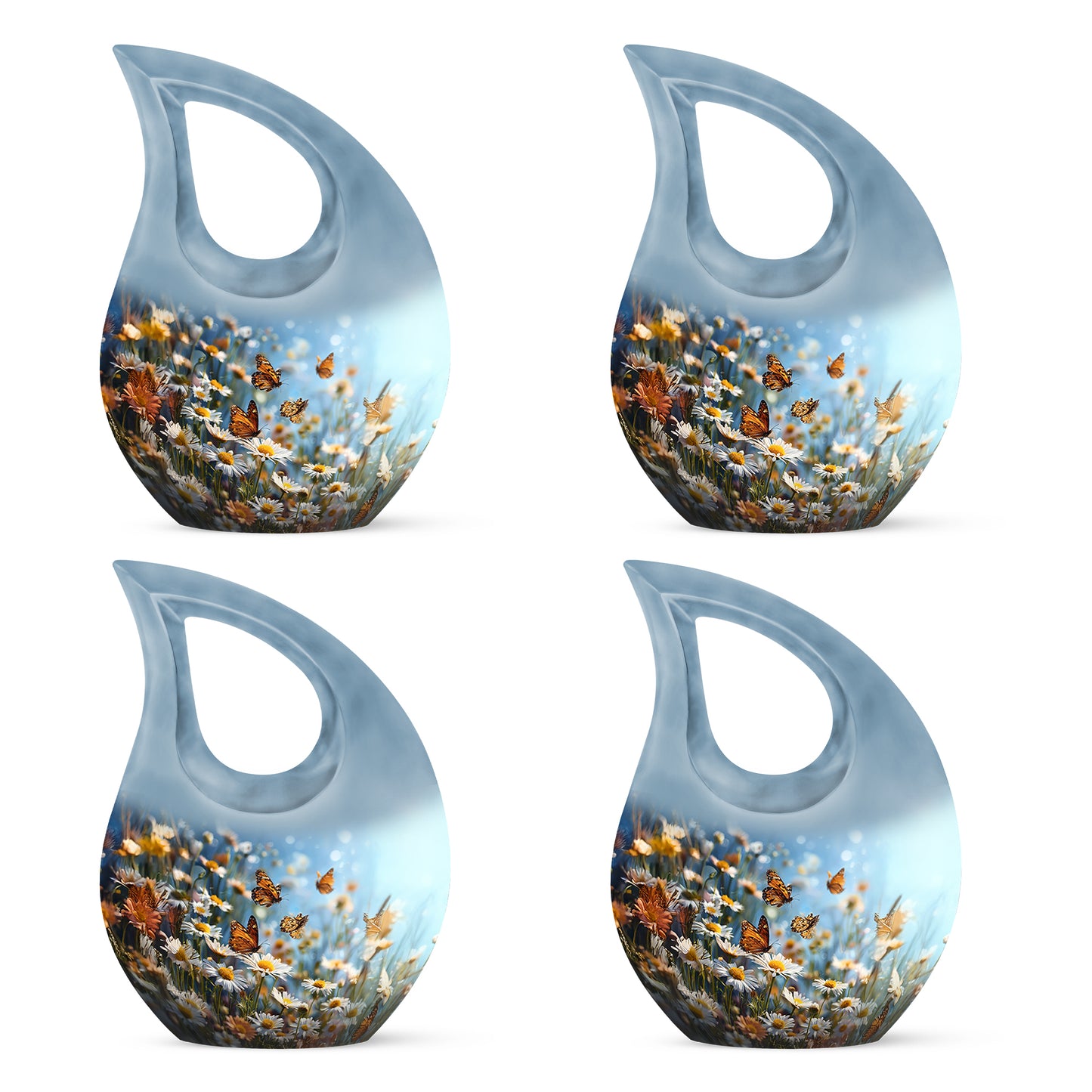 Azure Daisy Cremation Urn lifestyle display on memorial shelf - cross and daisy combined in spiritual memorial design - 10 inch aluminum urn for cremated remains