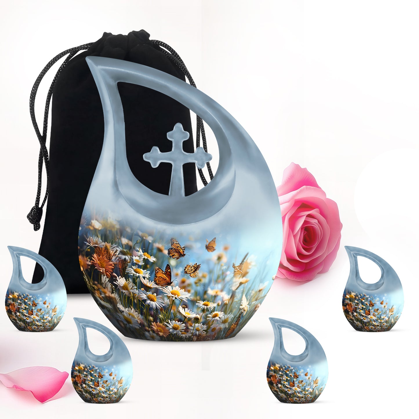 Indigo Daisy Cremation Urn urn with complimentary velvet bag - cross and daisy combined in spiritual memorial design - memorial set with one large and four small urns