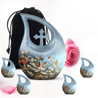 Indigo Daisy Cremation Urn urn with complimentary velvet bag - cross and daisy combined in spiritual memorial design - memorial set with one large and four small urns