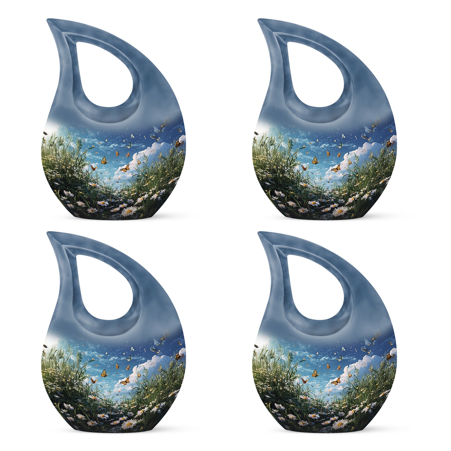 Sky Blue Daisy Cremation Urn lifestyle display on memorial shelf - sacred cross merged with daisy motif on metal - 10 inch aluminum urn for cremated remains