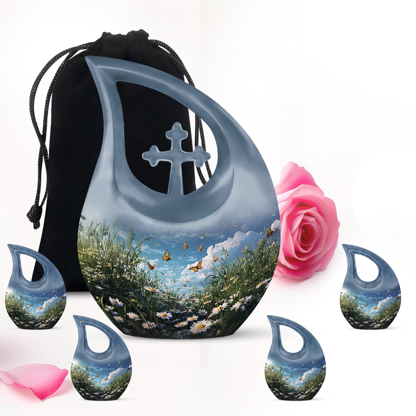 Bright Blue Daisy Cremation Urn urn with complimentary velvet bag - faith-inspired cross-drop urn with daisy pattern - memorial set with one large and four small urns