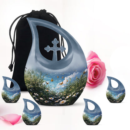 Bright Blue Daisy Cremation Urn urn with complimentary velvet bag - faith-inspired cross-drop urn with daisy pattern - memorial set with one large and four small urns