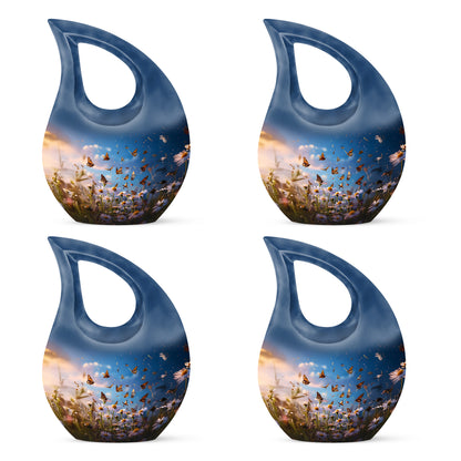Cornflower Blue Daisy Cremation Urn lifestyle display on memorial shelf - faith-inspired cross-drop urn with daisy pattern - 10 inch aluminum urn for cremated remains