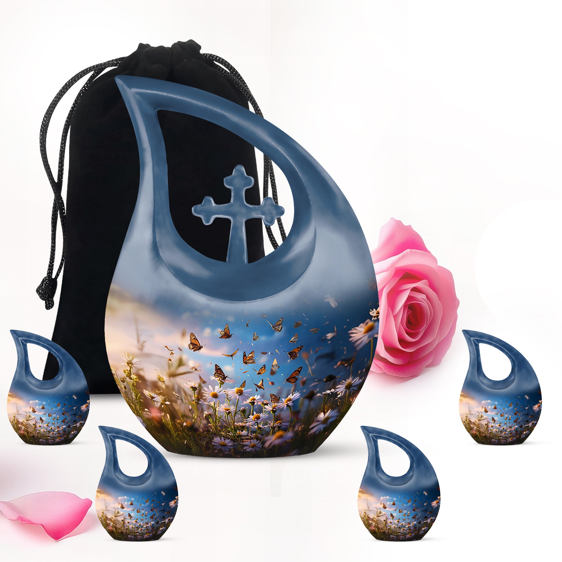 Dusty Blue Daisy Cremation Urn urn with complimentary velvet bag - sacred cross merged with daisy motif on metal - memorial set with one large and four small urns