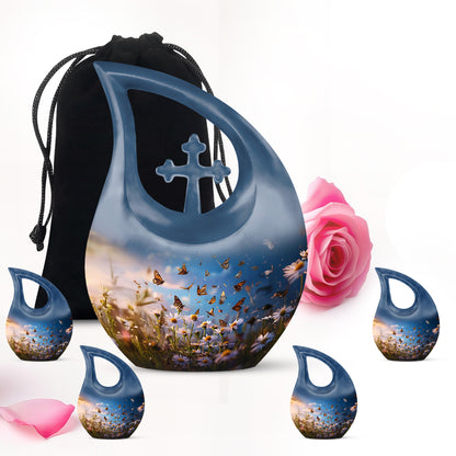 Dusty Blue Daisy Cremation Urn urn with complimentary velvet bag - sacred cross merged with daisy motif on metal - memorial set with one large and four small urns