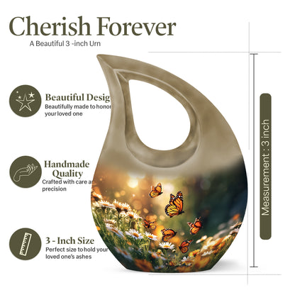 Champagne Gold Daisy Cremation Urn back view with polished surface - cross and daisy combined in spiritual memorial design - mini keepsake memorial for portion of cremation ashes