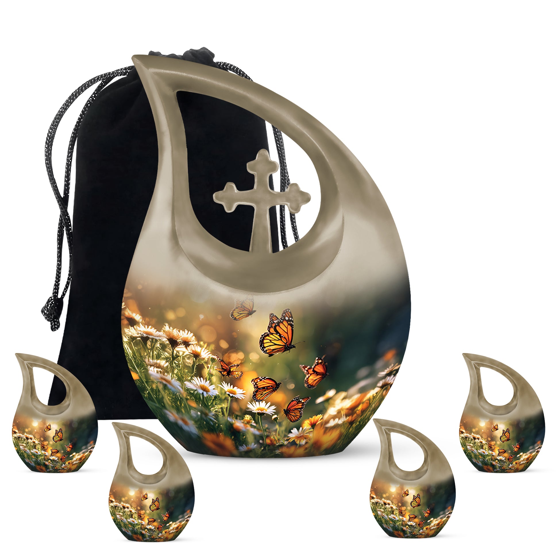 Antique Gold Daisy Cremation Urn urn with complimentary velvet bag - sacred cross merged with daisy motif on metal - memorial set with one large and four small urns
