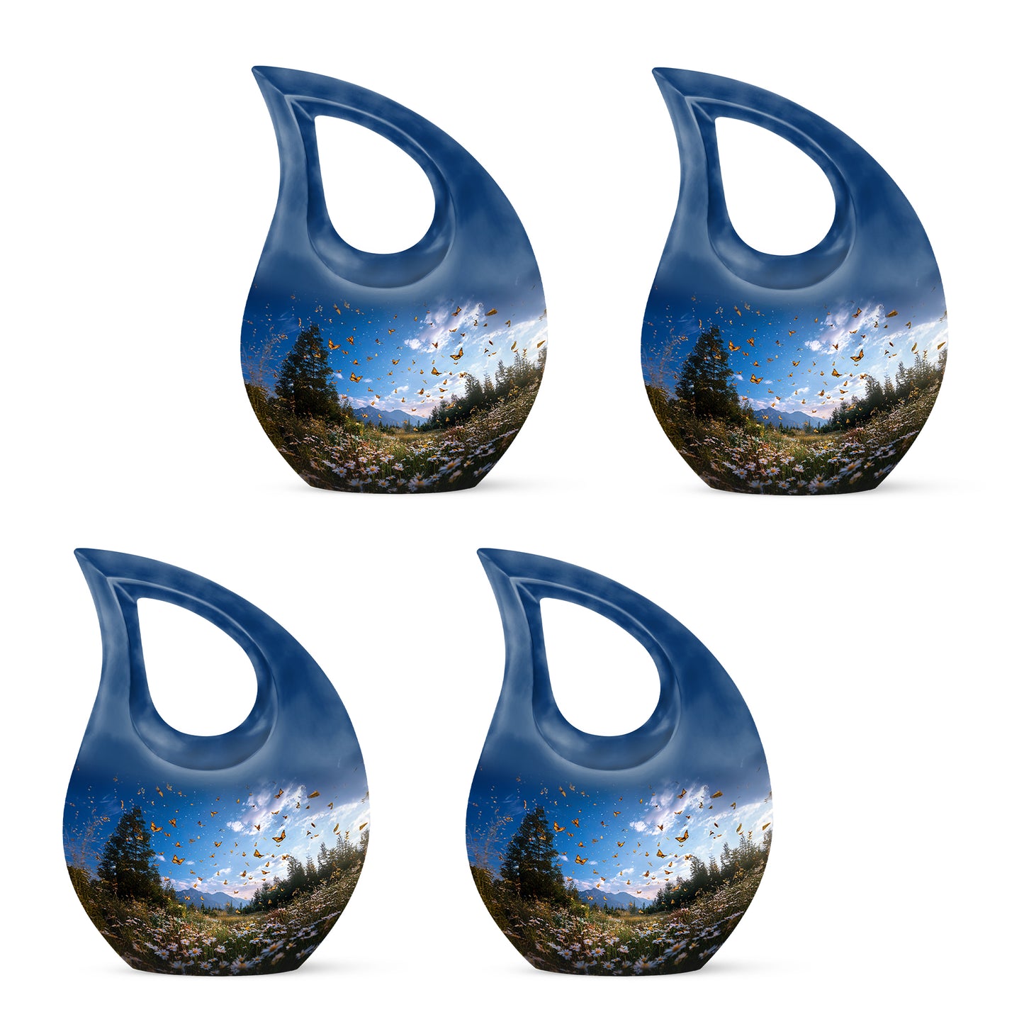 Celestial Blue Daisy Cremation Urn lifestyle display on memorial shelf - cross and daisy combined in spiritual memorial design - 10 inch aluminum urn for cremated remains