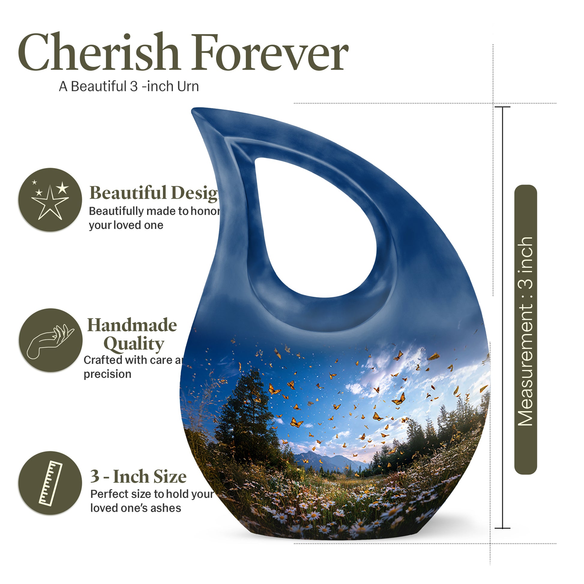 Navy Blue Daisy Cremation Urn back view with polished surface - cross and daisy combined in spiritual memorial design - mini keepsake memorial for portion of cremation ashes