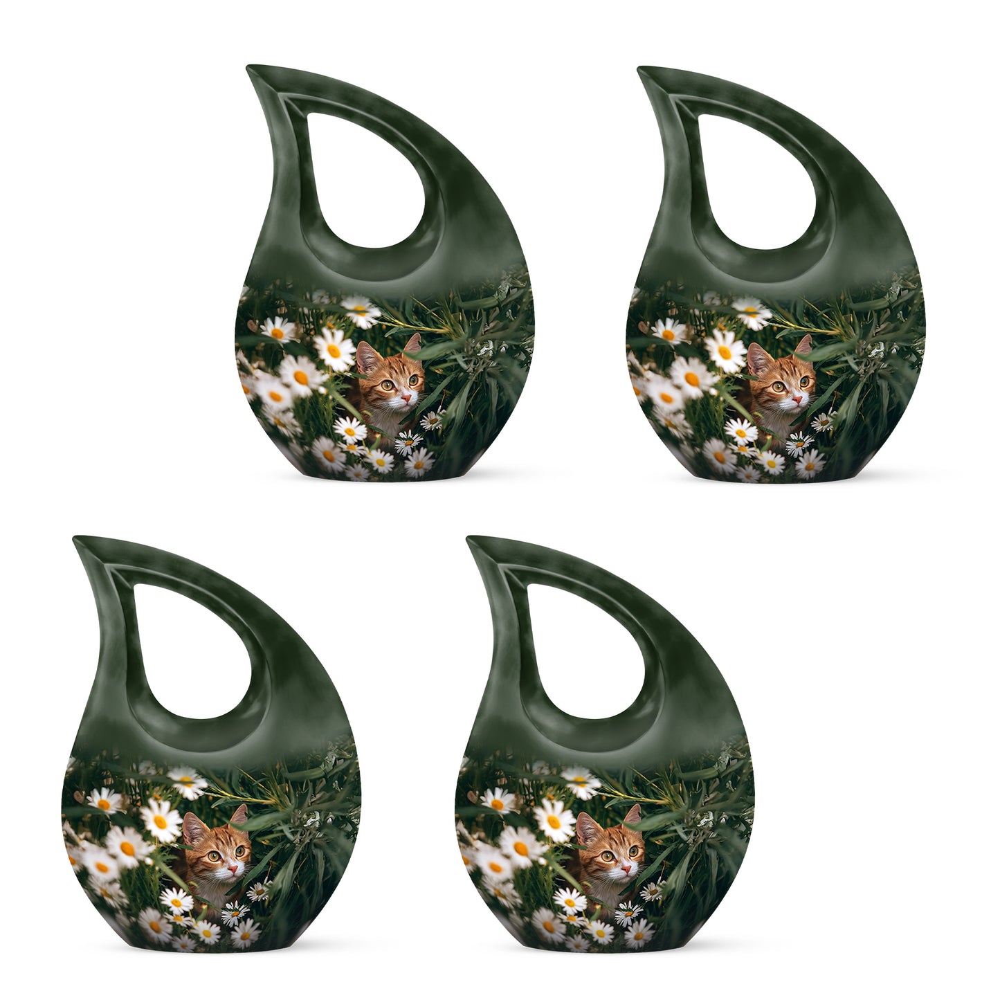 Moss Green Daisy Cremation Urn lifestyle display on memorial shelf - cross and daisy combined in spiritual memorial design - 10 inch aluminum urn for cremated remains