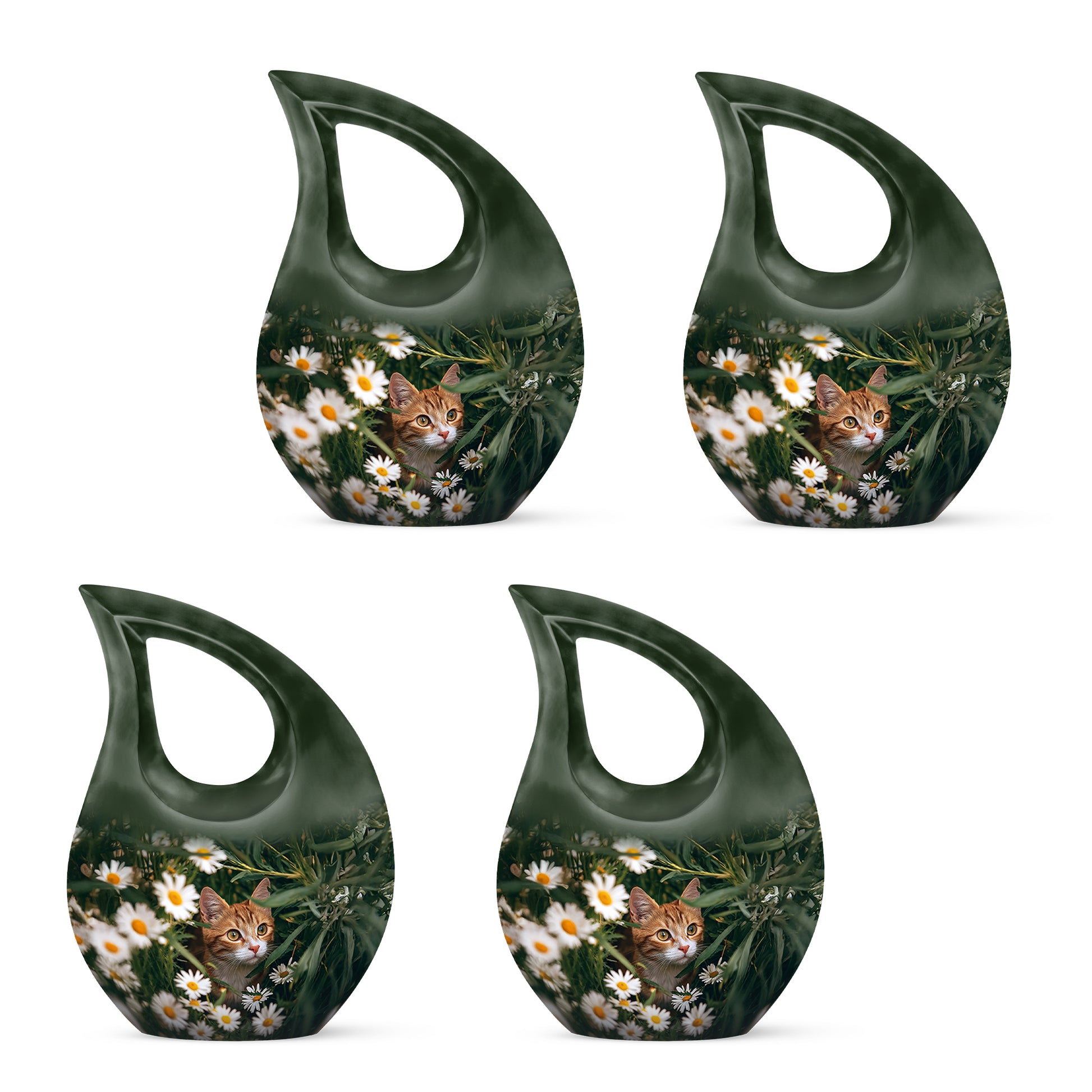 Moss Green Daisy Cremation Urn lifestyle display on memorial shelf - cross and daisy combined in spiritual memorial design - 10 inch aluminum urn for cremated remains