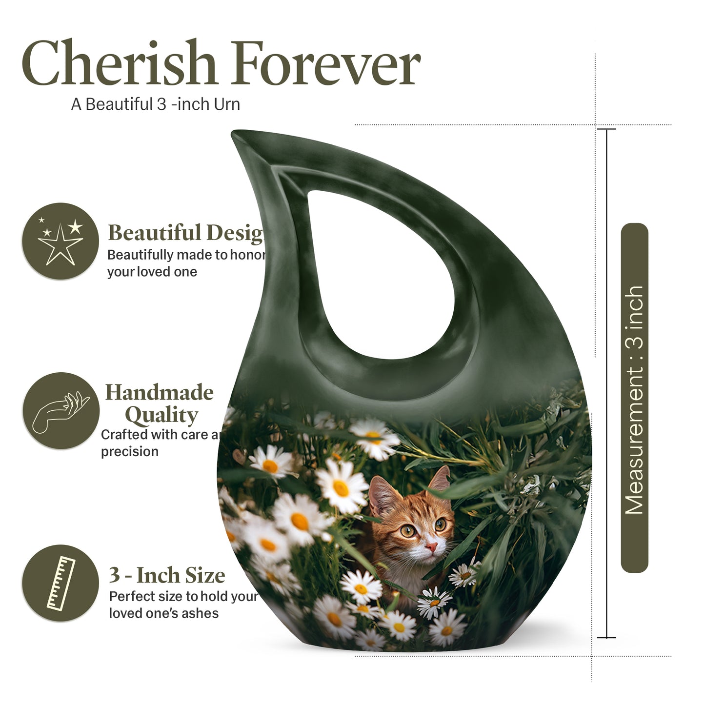 Verdant Green Daisy Cremation Urn back view with polished surface - cross and daisy combined in spiritual memorial design - mini keepsake memorial for portion of cremation ashes