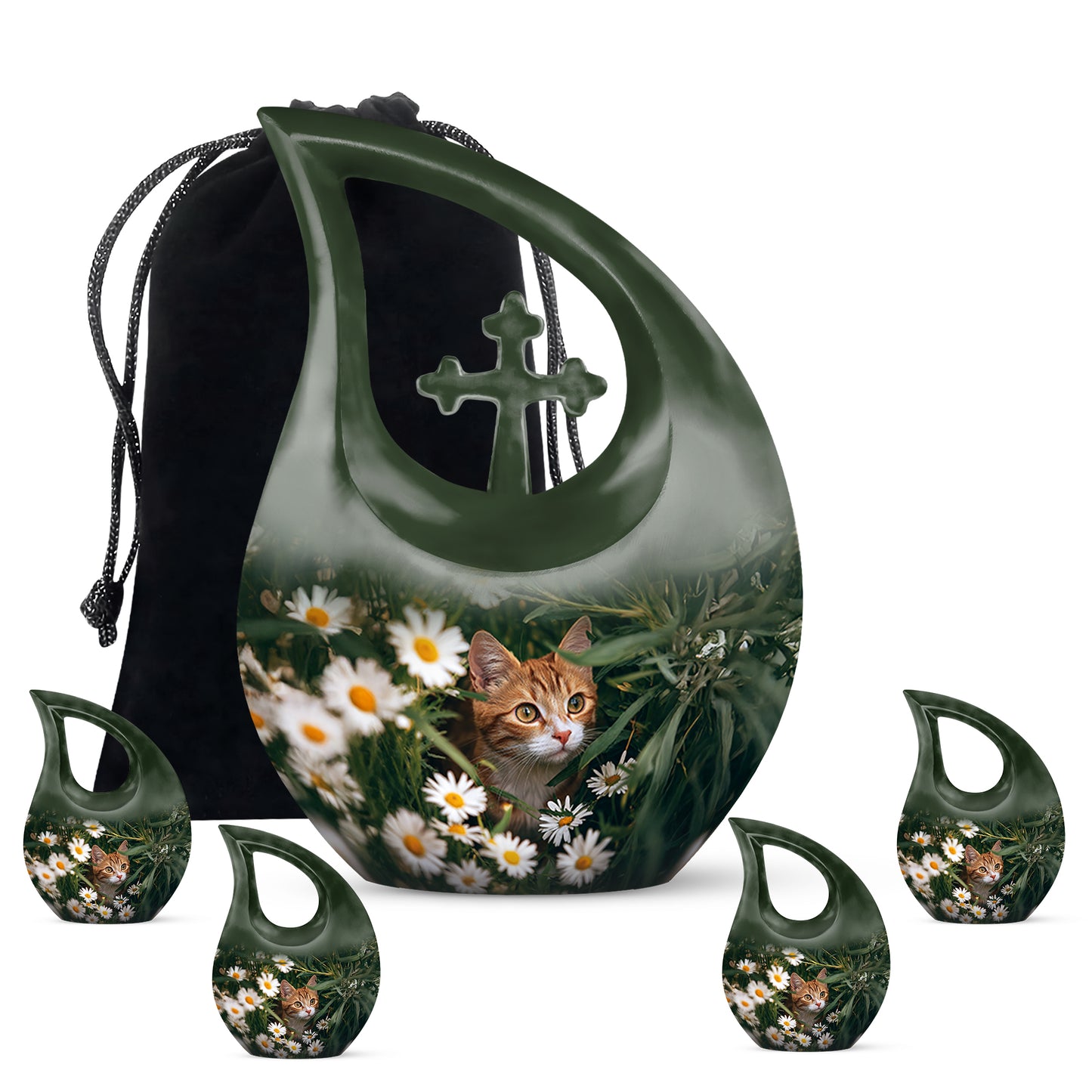 Moss Green Daisy Cremation Urn urn with complimentary velvet bag - sacred cross merged with daisy motif on metal - memorial set with one large and four small urns